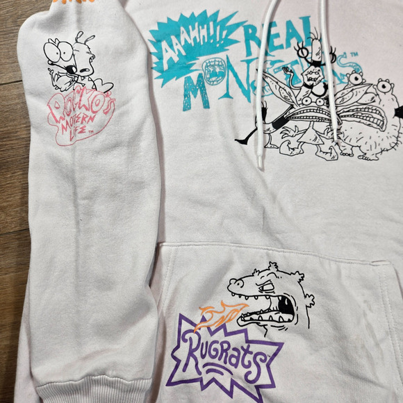 Nickelodeon Hoodie Mens L White Rugrats Rocko Real Monsters 90s Cartoon Retro - Picture 2 of 7